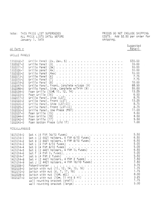 AR Speaker Parts Price List January 1 1979 - Page2
